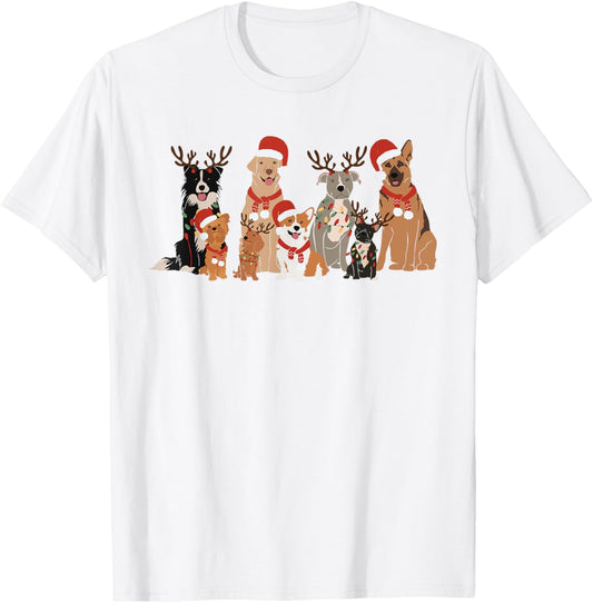 Womens Christmas Dogs Squad Reindeer Santa Lights Dog Owner T-Shirt