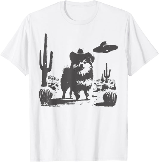 Retro Western Pomeranian Cowboy UFO Wild West Pom Mom Dad T-Shirt
