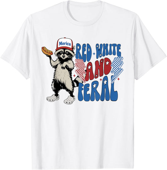 Cute Funny Red White And Feral Raccoon Hot Dog 4th Of July T-Shirt