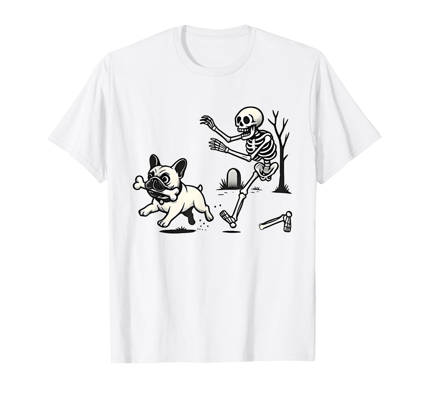 Skeleton Chasing French Bulldog Biting Leg Bone Halloween T-Shirt