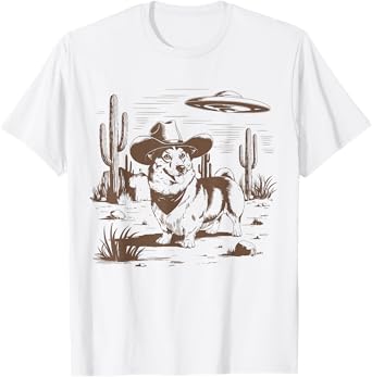 UFO Corgi Western Alien Vintage 90s Wild West Fun Cowboy Dog T-Shirt