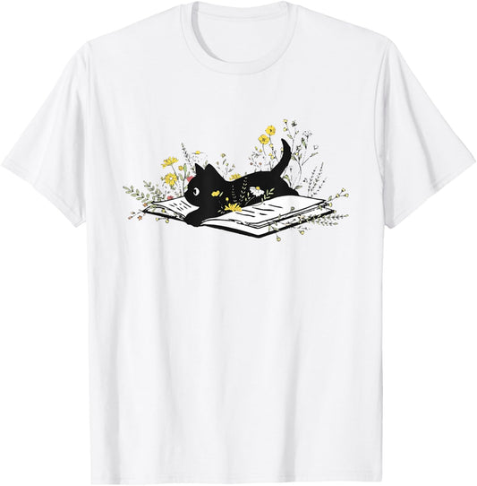 Cute Book Black Cat Book Lover Floral Teacher Life Women T-Shirt