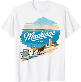 Mackinac Island carriage bridge lakeview vintage ferry scene T-Shirt