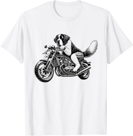 Cool Saint Bernard Riding a Motorcycle Biker Dog Lover T-Shirt