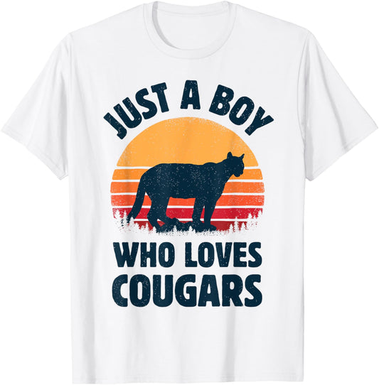 Cougar Just A Boy Who Loves Cougars Men Retro Vintage Sunset T-Shirt