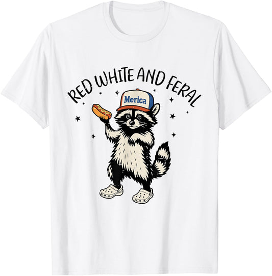 Red White And Feral Raccoon Hotdog 4th Of July Patriotic T-Shirt