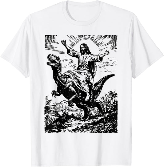 Funny Jesus riding Dinosaur Atheist Weirdcore Meme Parody T-Shirt