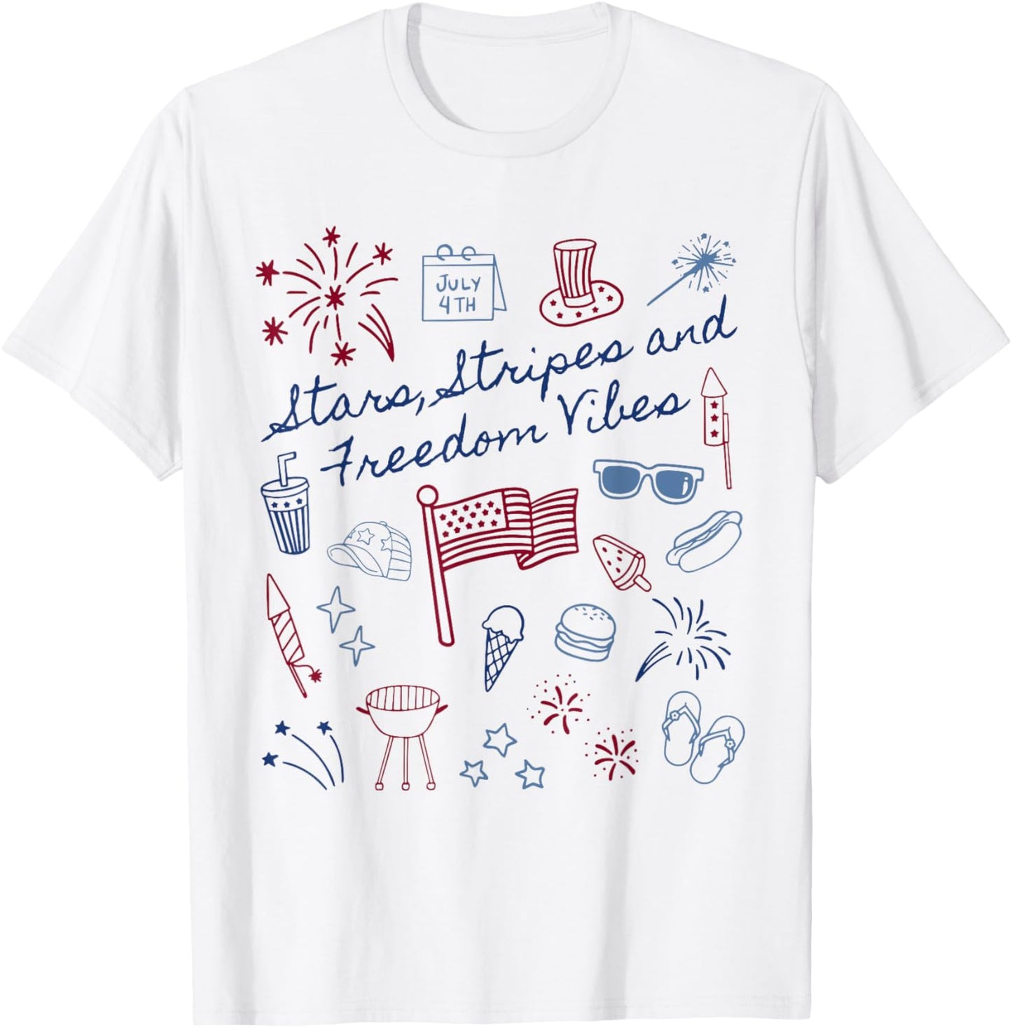 Stars Stripes and Freedom Vibes 4th of July Patriotic Womens T-Shirt