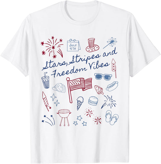 Stars Stripes and Freedom Vibes 4th of July Patriotic Womens T-Shirt