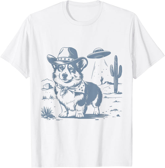 Vintage Funny 90s Western Cowboy Shiba Inu Ufo T-shirt