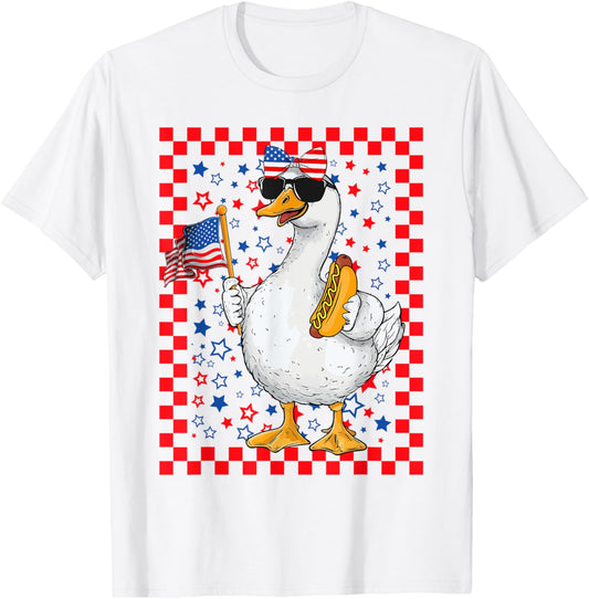 Cute Gooses & Bow Holding Hotdog USA Flag 4th Of July Girls T-Shirt