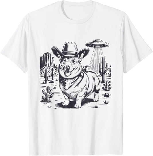 Funny Corgi Ufo Western Cowboy Vintage 90s 80s T-Shirt