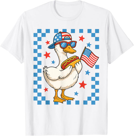 Funny Patriotic Duck USA Flag Hot Dog 4th Of July Kids Boys T-Shirt