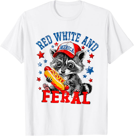 Red White And Feral Funny USA Hot Dog Raccoon 4th of July T-Shirt