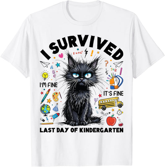 I Survived Last Day Of Kindergarten Funny Cat Teacher T-Shirt