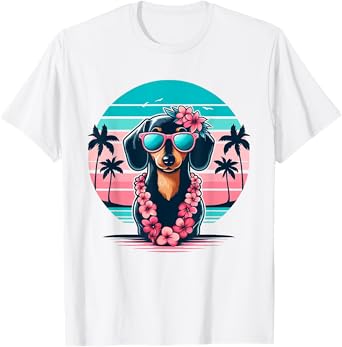 Retro Hawaiian Dachshund Dog Tropical Floral Summer Vibes T-Shirt