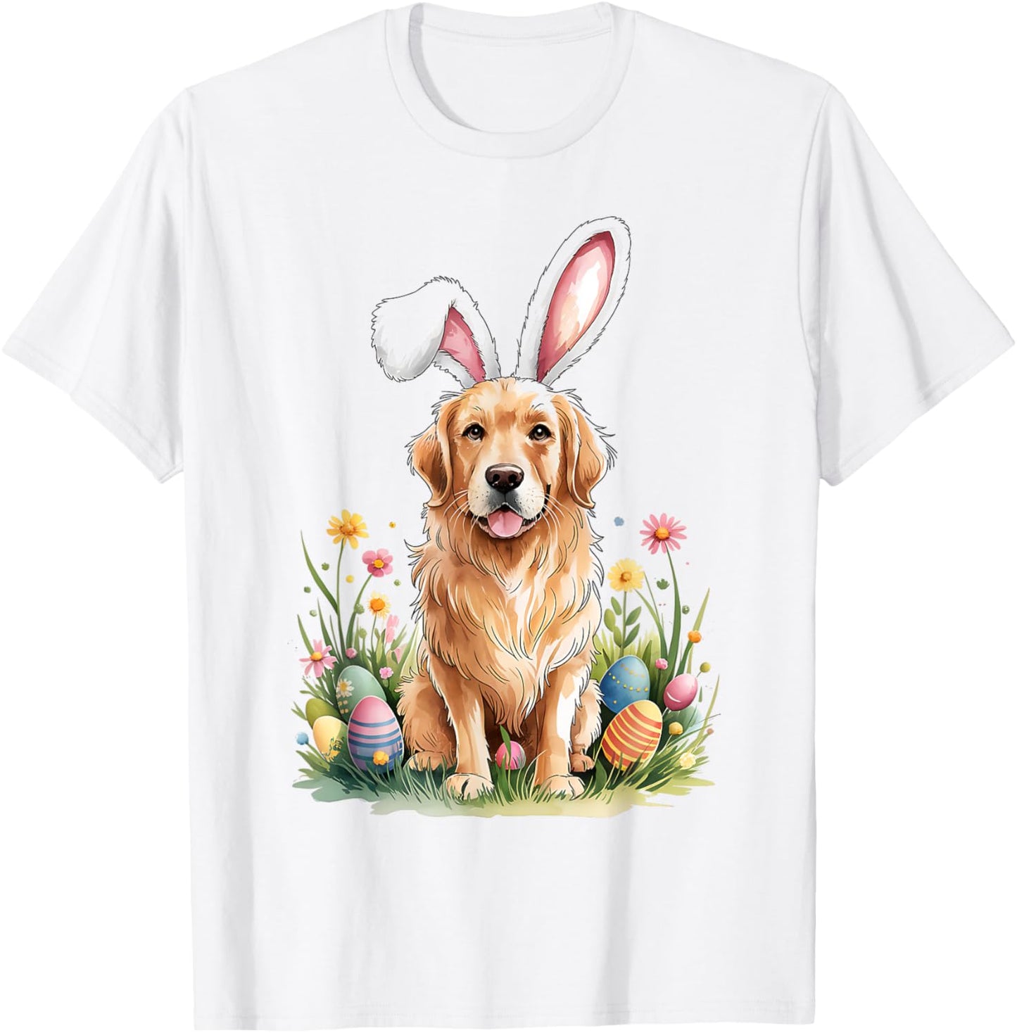 Golden Retriever Dog Bunny Ears Easter Eggs Spring Flowers T-Shirt