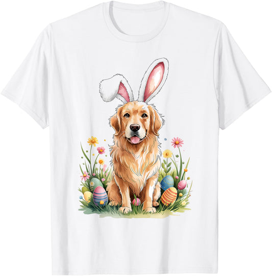 Golden Retriever Dog Bunny Ears Easter Eggs Spring Flowers T-Shirt
