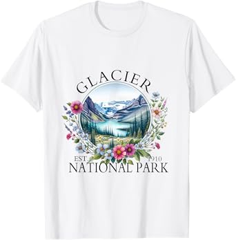 Retro Floral Glacier National Park Hiking Camping Outdoor T-Shirt