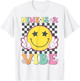 Nine Is A Vibe 9th Birthday Groovy Smile Face 9 Years Old T-Shirt