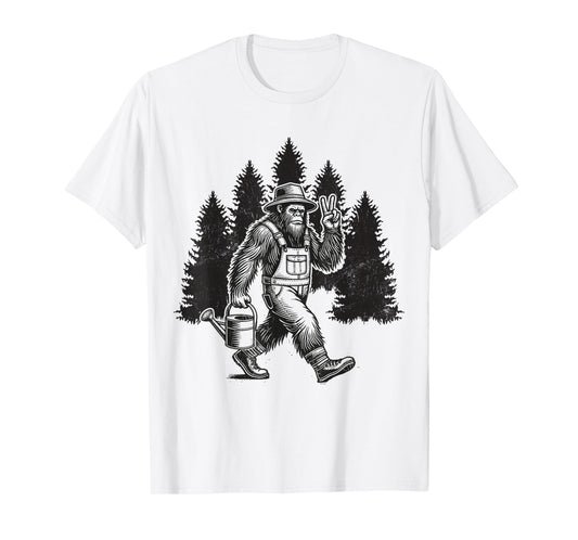 Bigfoot Gardener Watering Plants Retro Sasquatch Gardening T-Shirt