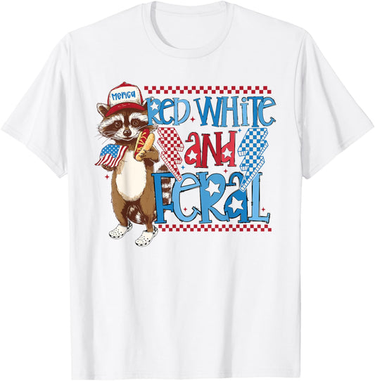 Red White And Feral Funny Raccoon 4th of July Hot Dog USA T-Shirt