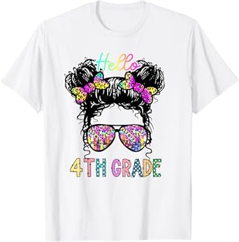 Hello 4th Grade Messy Hair Bun Girl Back To School First Day T-Shirt
