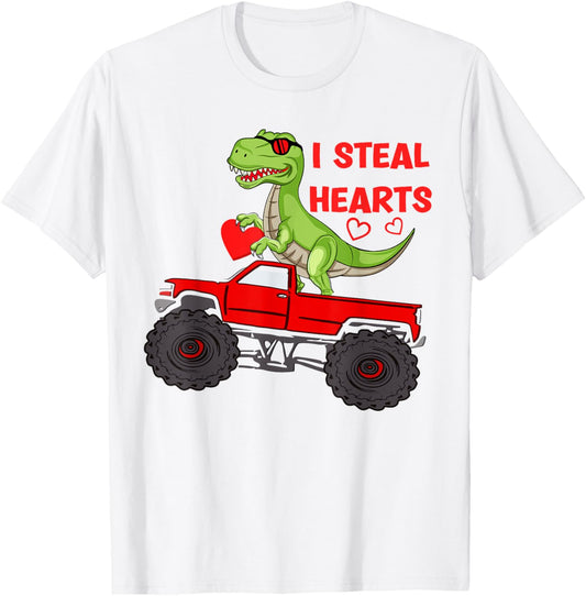 Valentines Day boys kids Dinosaur Monster truck Hearts T-Shirt