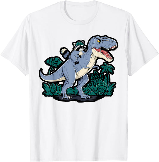 Funny Raccoon Riding T-Rex Cartoon T-Shirt