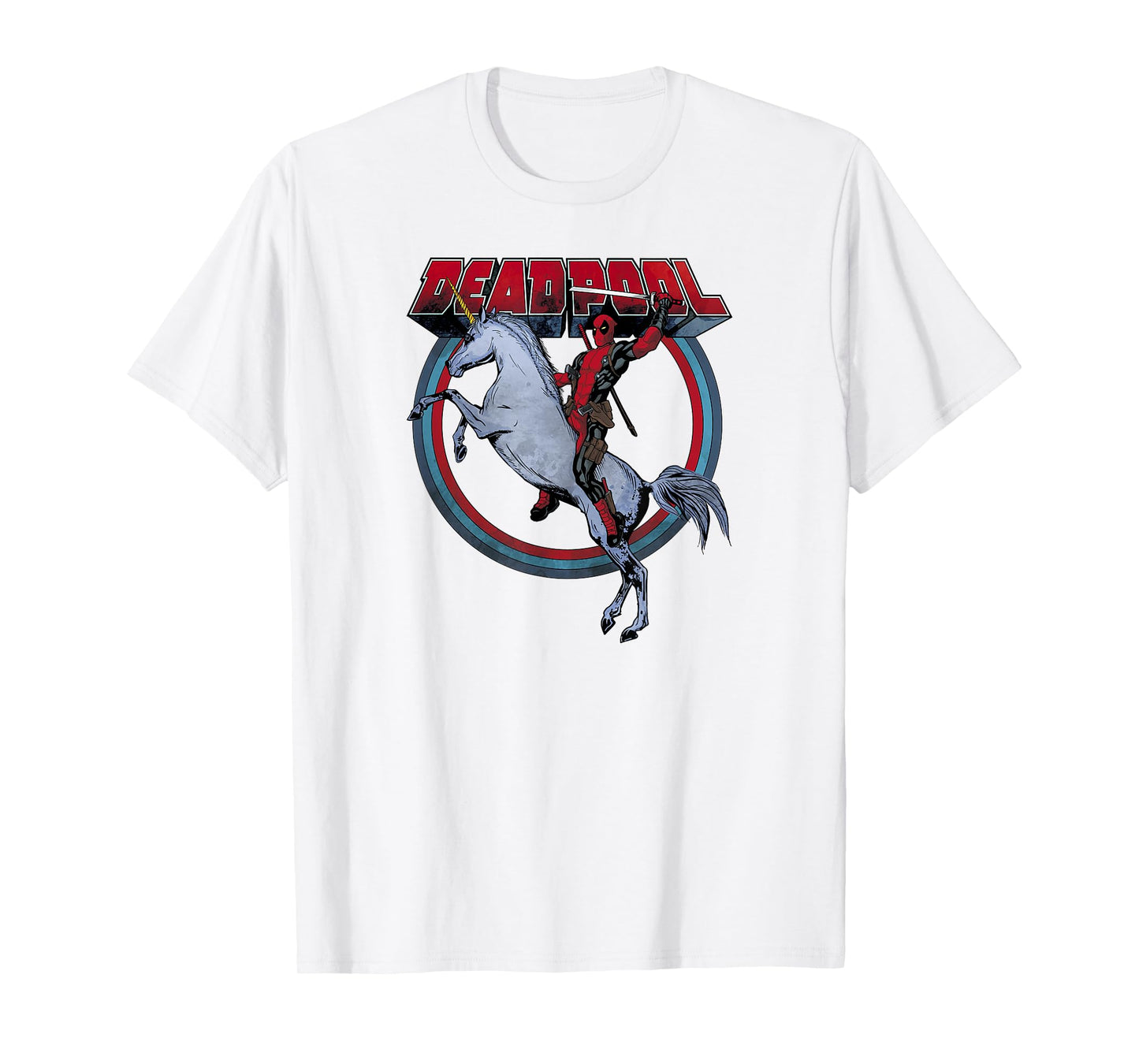 Marvel Deadpool Riding A Unicorn Circle Graphic T-Shirt C2 T-Shirt
