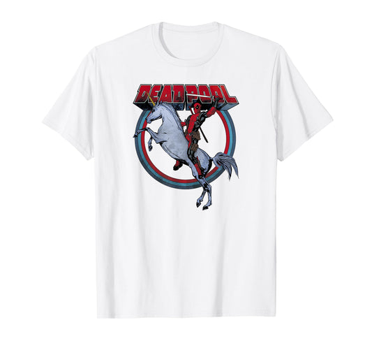 Marvel Deadpool Riding A Unicorn Circle Graphic T-Shirt C2 T-Shirt
