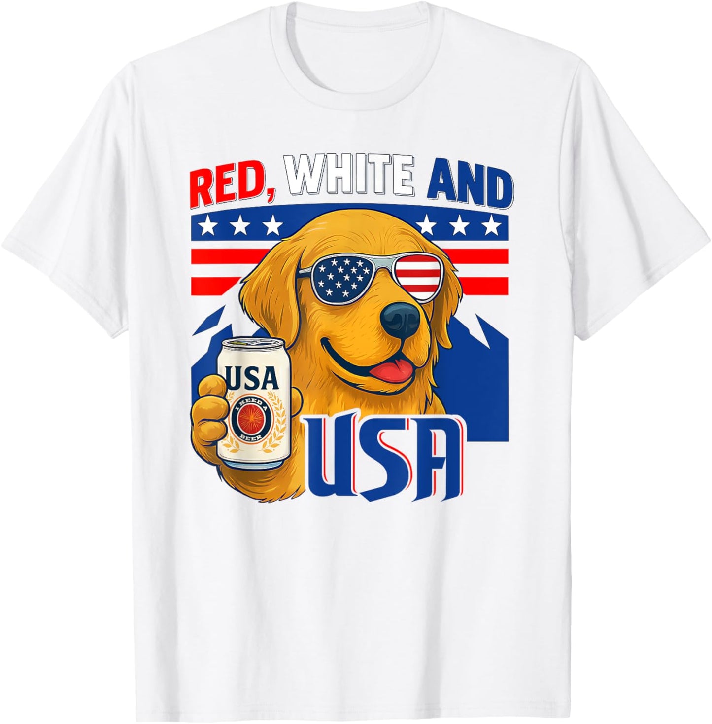 Red White And Funny Dog USA Flag 4th Of July I Need Beer T-Shirt