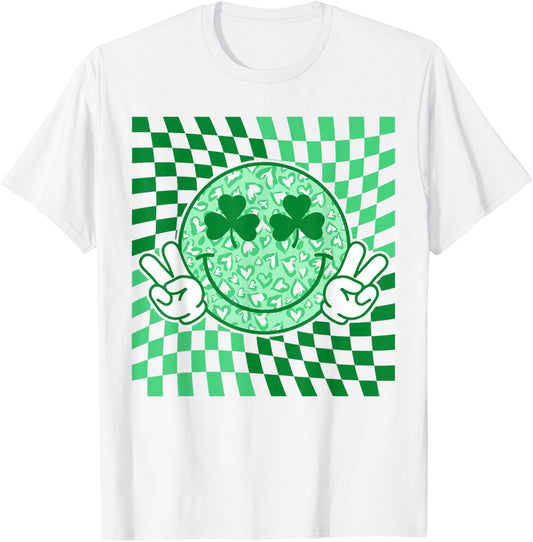 Retro Groovy Checkered St Patricks Day Shamrock Women Kids T-Shirt