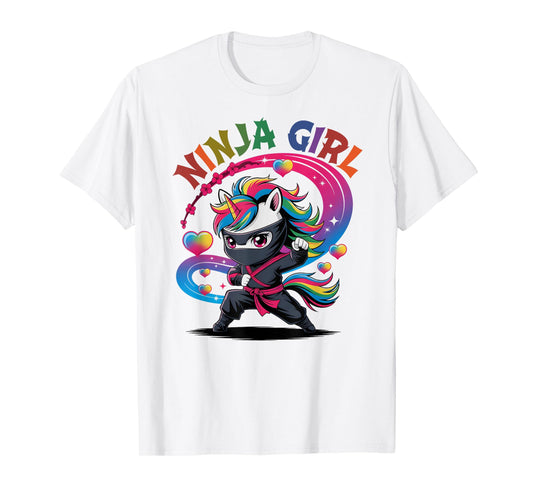 Magical NINJA GIRL Unicorn Rainbow Ponytail Princess Crew T-Shirt