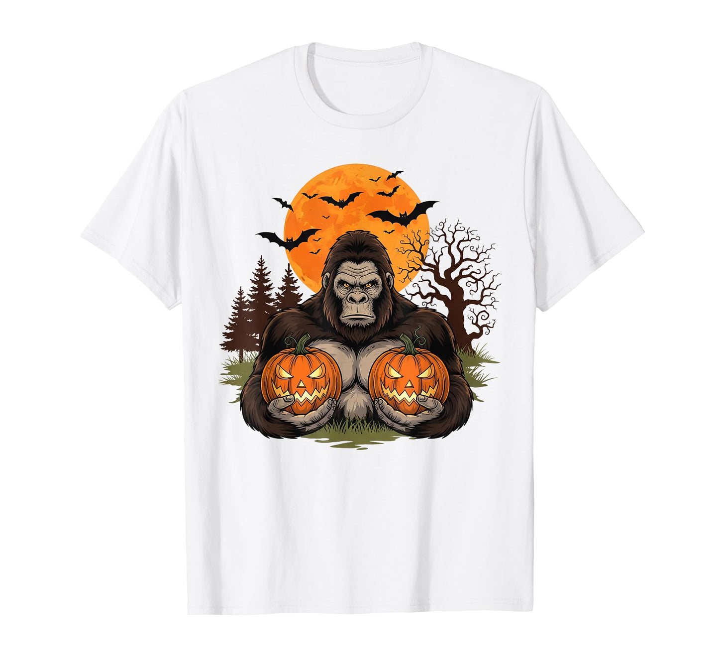 Spooky Halloween Bigfoot Pumpkin Moon Bats Men Women Kids T-Shirt