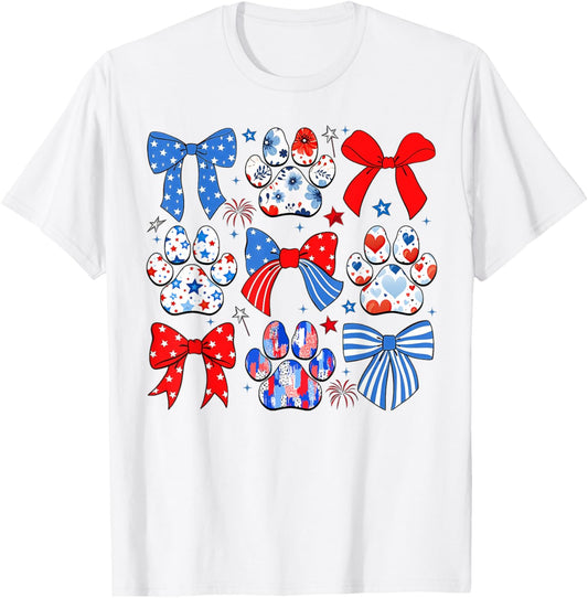 Patriotic Dog Paw and Bow 4th of July USA Aesthetic T-Shirt