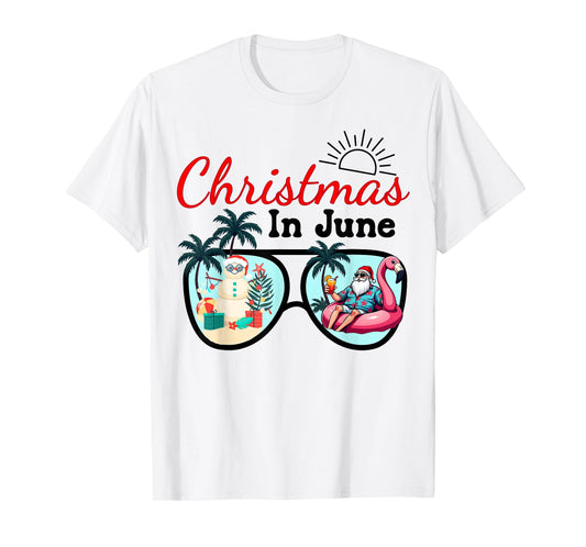Vacation Christmas In June Sunglasses Santa Flamingo Summer T-Shirt