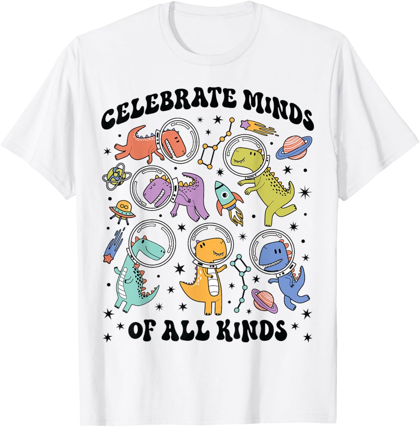 Celebrate Minds of All Kinds Space Dinosaur School Counselor T-Shirt