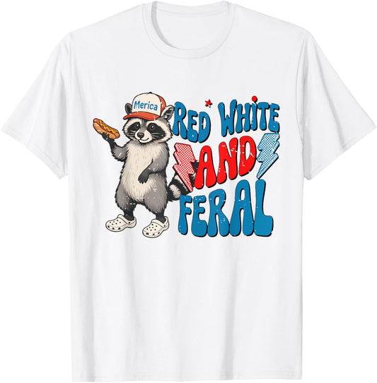 Funny Red White And Feral America Raccoon Hotdog 4th Of July T-Shirt