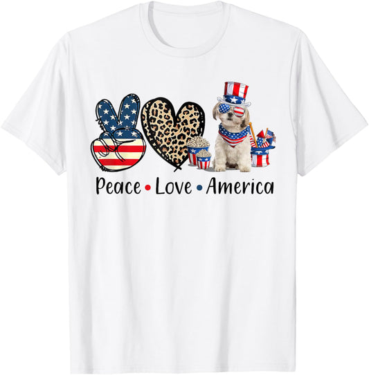 Peace Love Shih Tzu Dog Patriotic America Flag 4th July T-Shirt