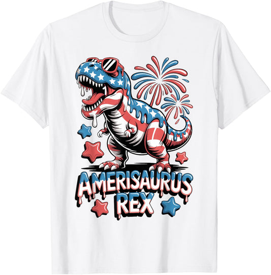 Dinosaur 4th of July Kids Boys Amerisaurus Rex Drip Funny T-Shirt