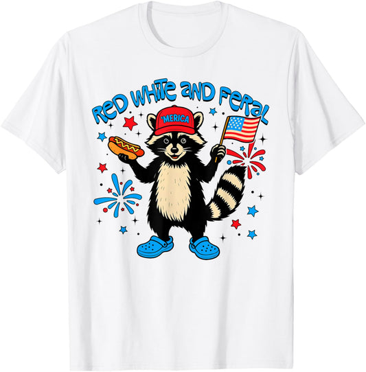Red White And Feral Funny Raccoon Hotdog 4th Of July T-Shirt