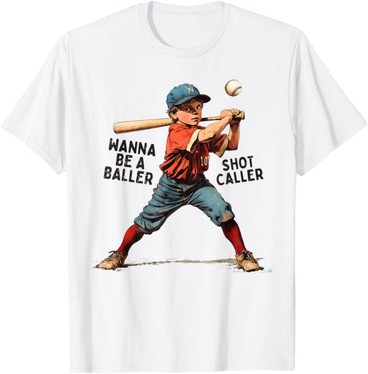 Wanna Be A Baller Shot Caller Retro Game Day Baseball Boy T-Shirt