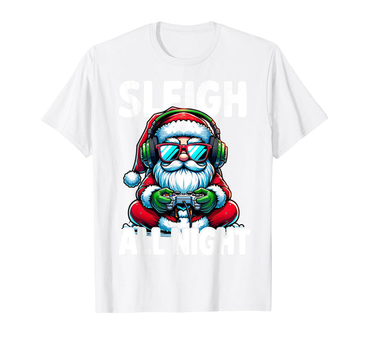 Christmas Gamer Boys Sleigh All Night Video Game Santa Xmas T-Shirt