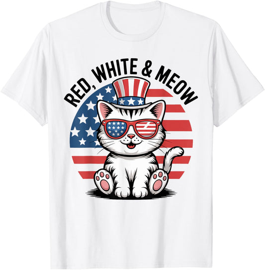 Red White and Meow Funny America Patriotic Cat 4th of July T-Shirt