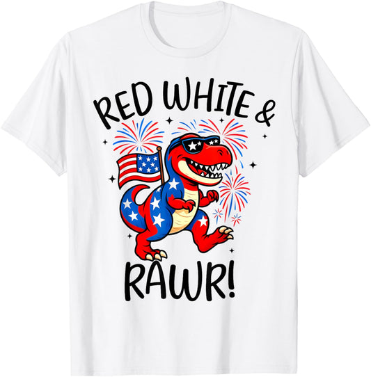 Red White And Rawr Funny Dino T-rex Dinosaurus 4th July USA T-Shirt