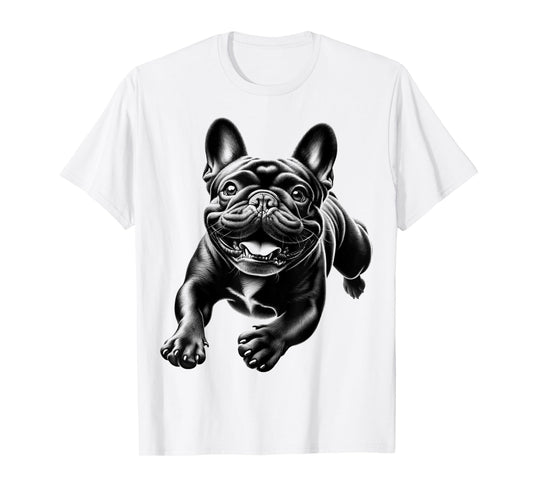 Cheerful Black French Bulldog in Jump Men Women Kids T-Shirt