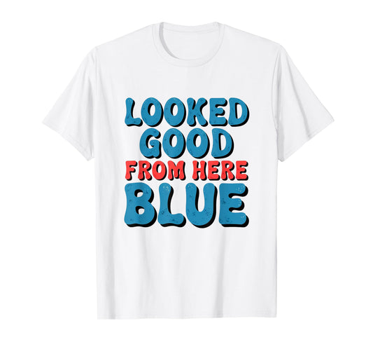 Retro Groovy Looked Good From Here Blue Funny Softball T-Shirt
