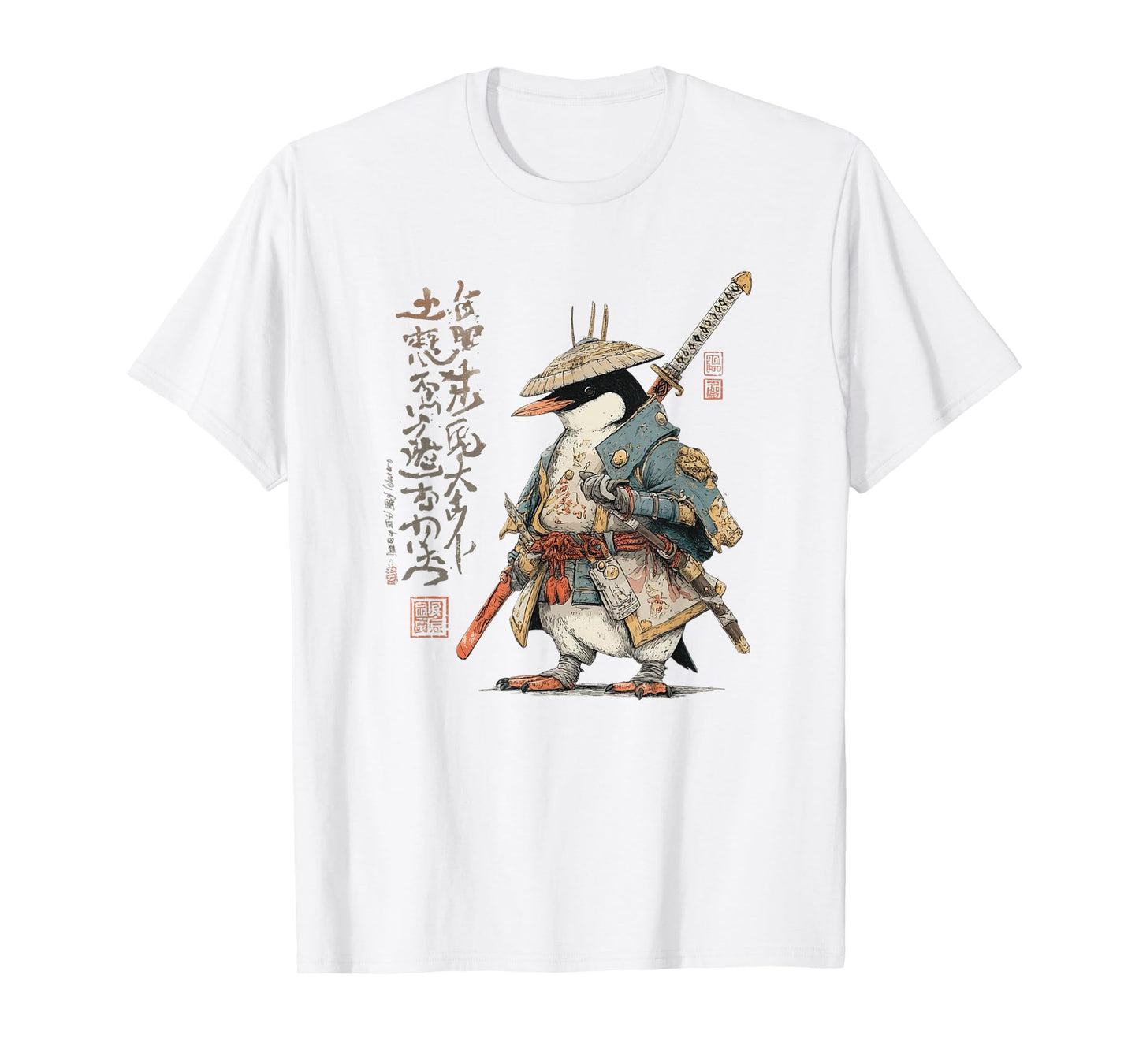 Japanese Woodblock Art Penguin Samurai Animal T-Shirt
