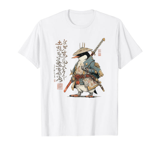 Japanese Woodblock Art Penguin Samurai Animal T-Shirt